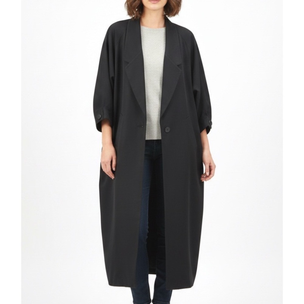 Vtg Linda Richards Black Overcoat WOOL TRENCH COAT Long Jacket 80'S Old Money 4